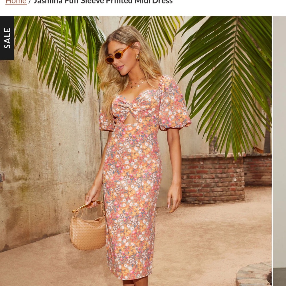 Puff Sleeve Printed Midi Dress - Floral